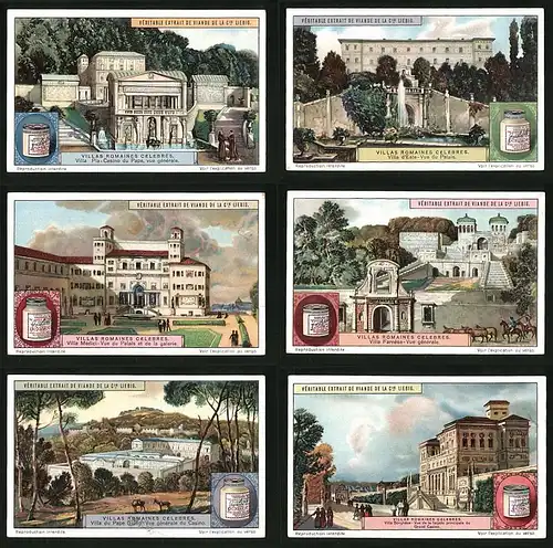 6 Sammelbilder Liebig, Serie Nr. 1153: Villas Romaines Celebres, Borghése, Farnése, Medici, d`Este, Pia-Casino