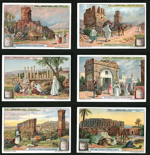 6 Sammelbilder Liebig, Serie Nr. 1106: Vestiges de la Domination Romaine en Afrique, Kamel, Tunisie, Algére, Ruine