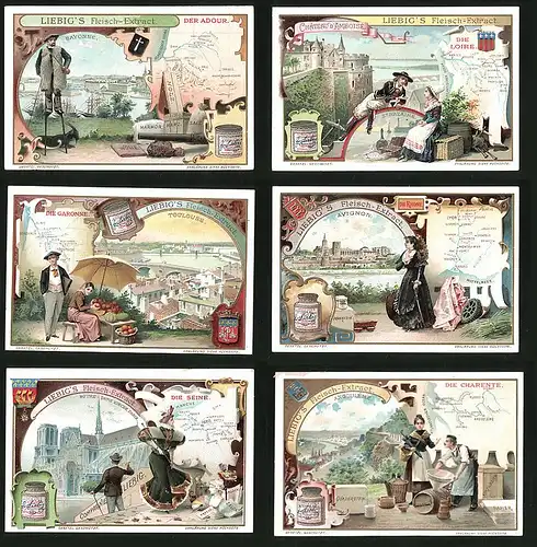 6 Sammelbilder Liebig, Serie Nr. 733: Ströme Frankreichs, Die Seine, Die Charente, Die Rhone, Die Garonne, Die Loire