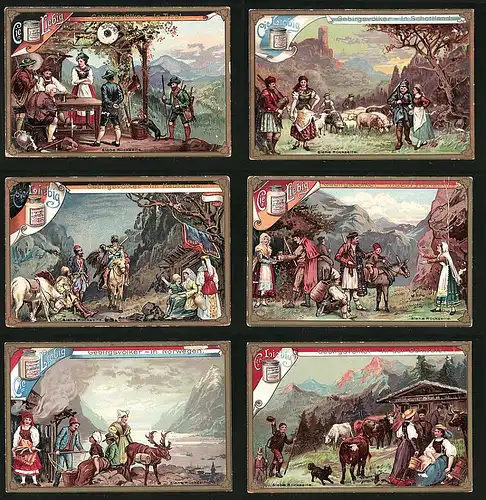 6 Sammelbilder Liebig, Serie Nr. 490: Gebirgsvölker, Schweiz, Norwegen, Kaukasus, Schottland, Tyrol