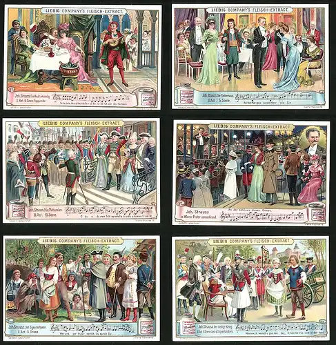 6 Sammelbilder Liebig, Serie Nr. 687: Joh. Strauss, Krieg, Zigeunerbaron, Wiener-Prater, Prinz Methusalem