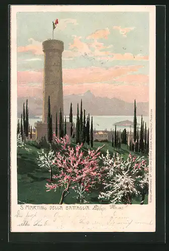 Künstler-AK Zeno Diemer: S. Martino della Battaglia, Turm zur Zeit der Baumblüte