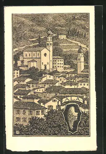 Künstler-AK Ala, Panorama & Wappen