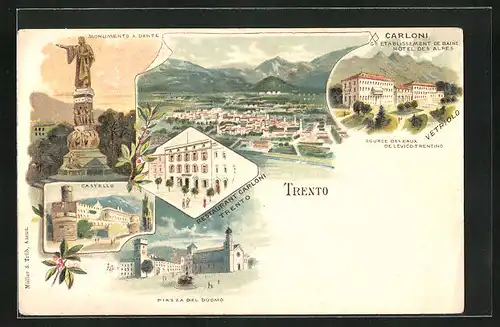 Lithographie Trento, Castello, Monumento a Dante, Restaurant Carloni, Hotel des Alpes