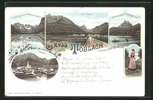 Lithographie Toblach im Pustertal, Ampezzo Volkstracht, Misurina-See, Dürrensee mit Monte Christallo