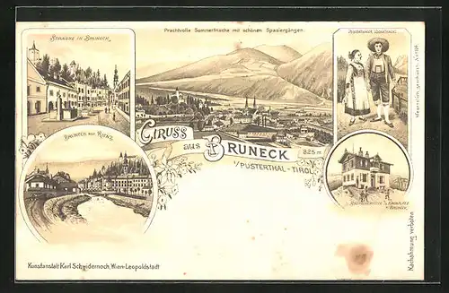 Lithographie Bruneck, Strassenansicht, Pustertaler Volkstracht, Bruneckerhütte
