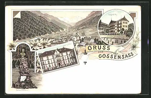 Lithographie Gossensass, Hotel Grobner, Redwitz-Denkmal, Leopold Hof