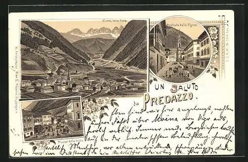 Lithographie Predazzo, Piazza della Posta, Contrada della Chiesa & Panorama