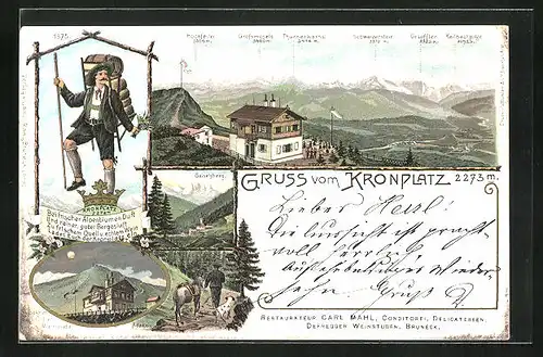 Lithographie Enneberg, Gesamtansicht, Geiselberg & Kronplatzhaus