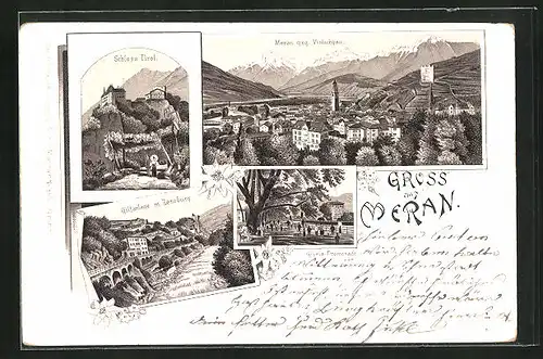 Lithographie Meran, Schloss Tirol, Gilfanlage m. Zenoburg, Gisela Promenade