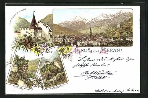 Lithographie Meran, Landesfürstliche Burg, Zenoburg, Schloss Tirol