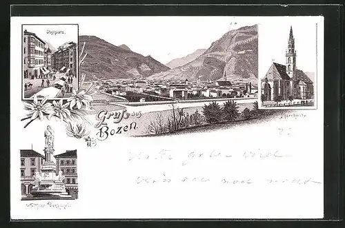 Lithographie Bozen, Obstplatz, Walther-Denkmal, Pfarrkirche
