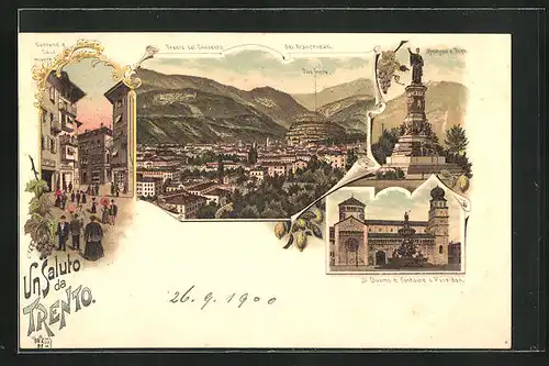 Lithographie Trento, Cantone e Casa Monte, Monumento a Dante, Il Duomo e Fontaine a Poseidon