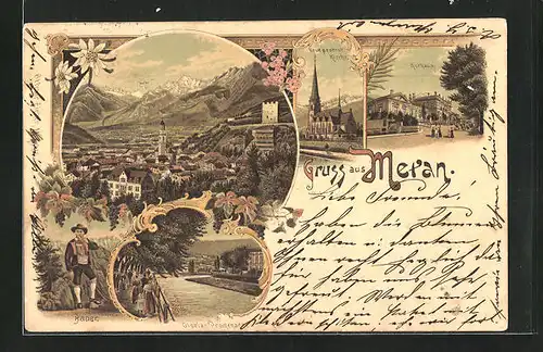 Lithographie Meran, Kurhaus, Neue protestantische Kirche, Gisala-Promenade