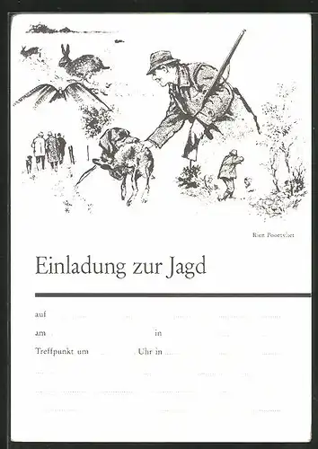 Künstler-AK Jagdeinladung, Jagdhund apportiert einen Hasen