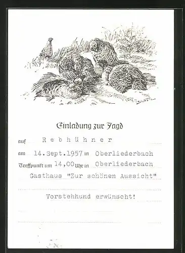 Künstler-AK Einladung zur Jagd auf Rebhühner 1957 in Oberliederbach