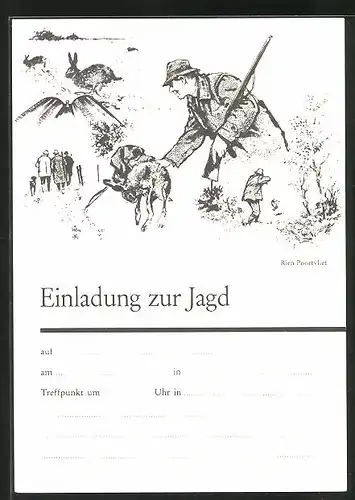 Künstler-AK Einladung zur Jagd, Jagdhund apportiert einen Hasen