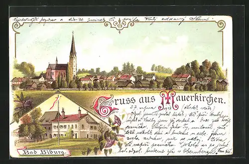 Lithographie Mauerkirchen, Bad Biburg, Totalansicht
