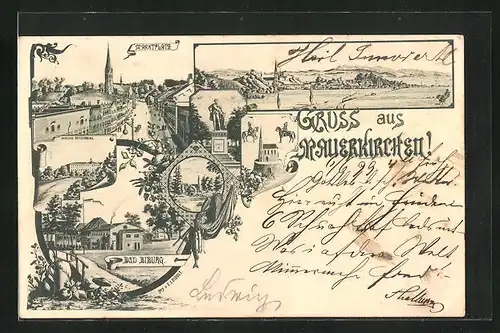 Lithographie Mauerkirchen, Marktplatz, Schloss Spitzenberg, Bad Biburg