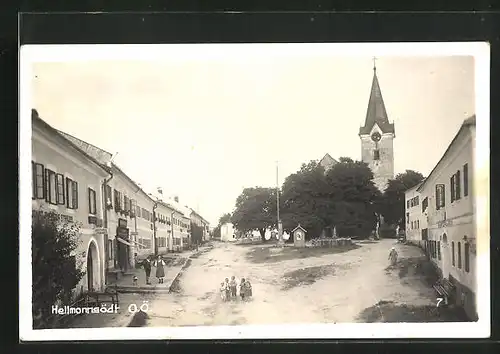 AK Hellmonnsödt, Ortspartie mit Kirchturm