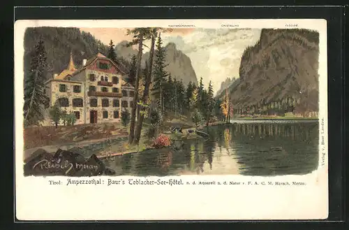 Künstler-AK F.A.C.M. Reisch: Toblach, Baur`s Toblacher-See-Hotel