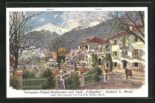 Künstler-AK F.A.C.M. Reisch: Gratsch bei Meran, Terrassen-Palast-Restaurant Fallgatter, Zielspitze
