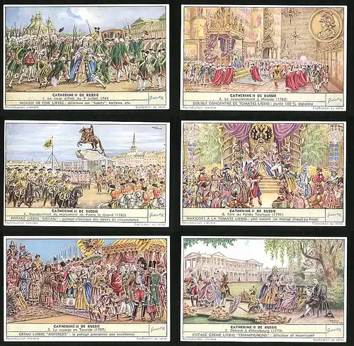 6 Sammelbilder Liebig, Serie Nr. 1587: Catherine II. de Russie, Pétersbourg, Fête au Palais Taurique, Moscou