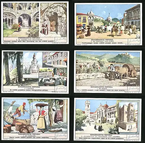 6 Sammelbilder Liebig, Serie Nr. 1504: Schilderachtig Portugal, Universiteit en Hoofdkerk van Coimbra, De Inwoners