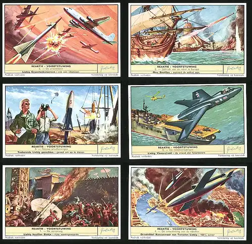 6 Sammelbilder Liebig, Serie Nr. 1653: Reaktie Voorstuwing, Raketten, De Oorsprong, De Reaktieviegtuigen, Europa