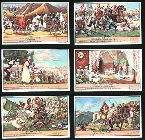 6 Sammelbilder Liebig, Serie Nr. 1593: Invasions des Maures, Le roi Pélage, La bataille de Poitiers, Schlacht