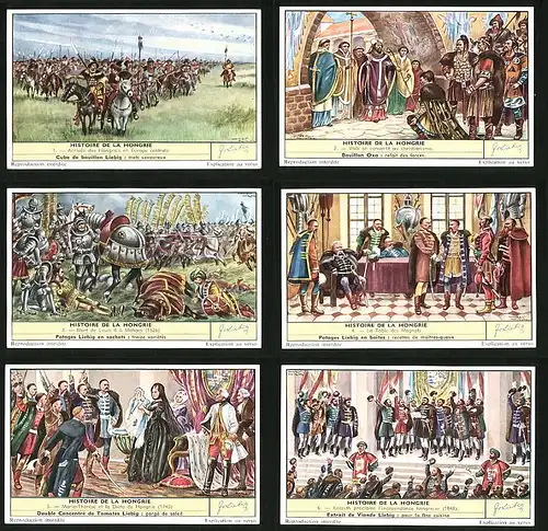 6 Sammelbilder Liebig, Serie Nr. 1681: Histoire de la Hongrie, Geistliche, Maria-Theresia, Ungarn