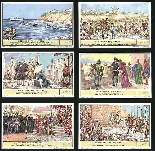 6 Sammelbilder Liebig, Serie Nr. 1680: Geschiedenis van Portugal, Schifffahrt, Windmühlen, Ritter, König