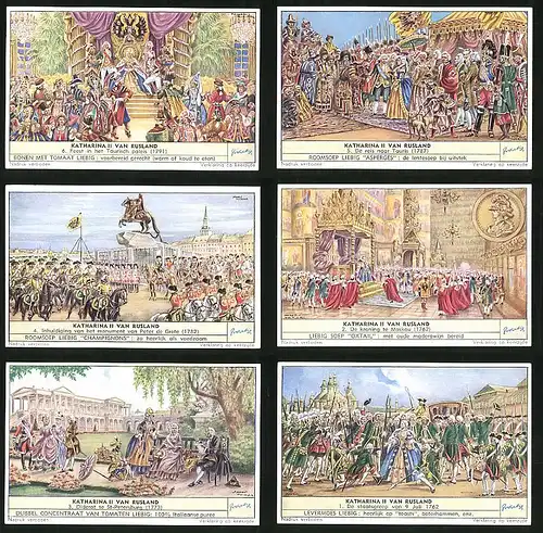 6 Sammelbilder Liebig, Serie Nr. 1587: Katharina II van Rusland, Russland, Königin, Moskau, St. Petersburg