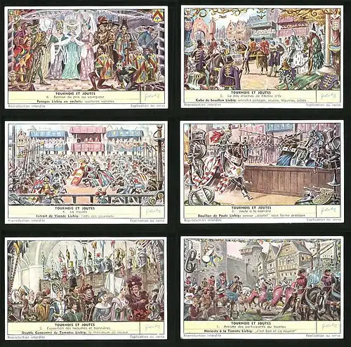 6 Sammelbilder Liebig, Serie Nr. 1682: Turnois et Joutes, Ritter, Wettkampf, Hofnarr