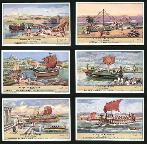 6 Sammelbilder Liebig, Serie Nr. 1584: Bateaux de l`Atlantique, Ägypten, Rom, Griechenland
