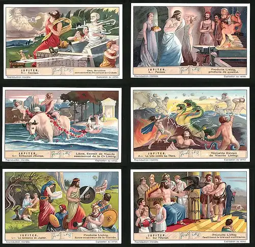 6 Sammelbilder Liebig, Serie Nr. 1264: Jupiter, Zeus, Olymp, Titanen, Pandora