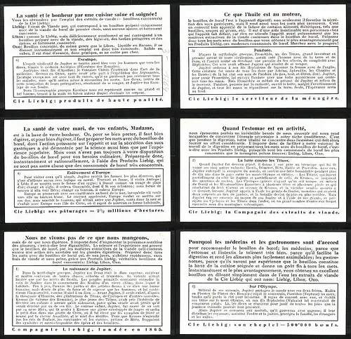6 Sammelbilder Liebig, Serie Nr. 1264: Jupiter, Zeus, Olymp, Titanen, Pandora