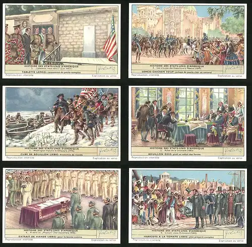 6 Sammelbilder Liebig, Serie Nr. 1659: Histoire des Etats-Unis d`Amerique, Amerika, Missouri, Delaware