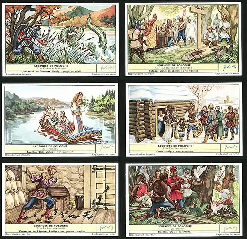 6 Sammelbilder Liebig, Serie Nr. 1731: Legendes de Pologne, Wanda, Drache, Krakus, Geistlicher