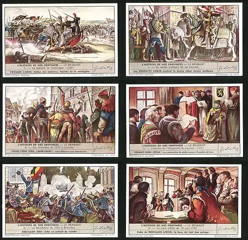 6 Sammelbilder Liebig, Serie Nr. 1548: L`Histoire de Nos Provinces, Schlachtfeld, Ritter, Mittelalter, Revolution