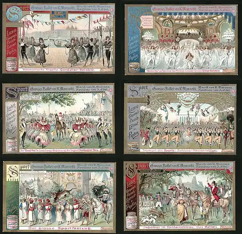 6 Sammelbilder Liebig, Serie Nr. 574: Sport, Grosse Ballet von Luigi Manzotti, Jagdfest in Fontainebleau, Sportfestzug
