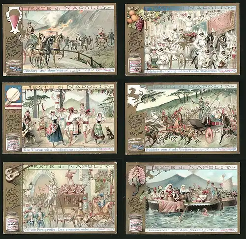 6 Sammelbilder Liebig, Serie Nr. 626: Feste di Napoli, Sommerfest, Piedigrotta, Monte Vergine, Tarantella, Polichinell