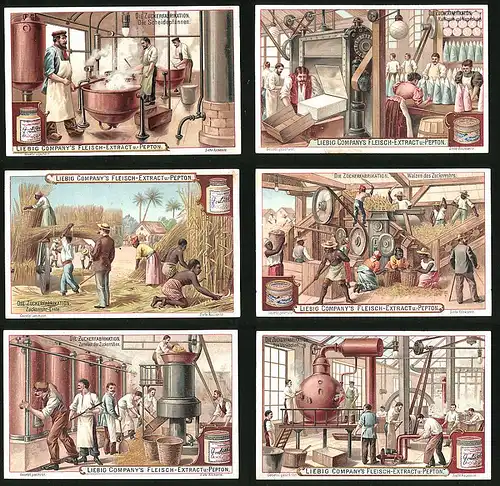 6 Sammelbilder Liebig, Serie Nr. 654: Die Zuckerfabrikation, Verkochen, Zuckerrüben, Walzen. Ernte, Verpackung