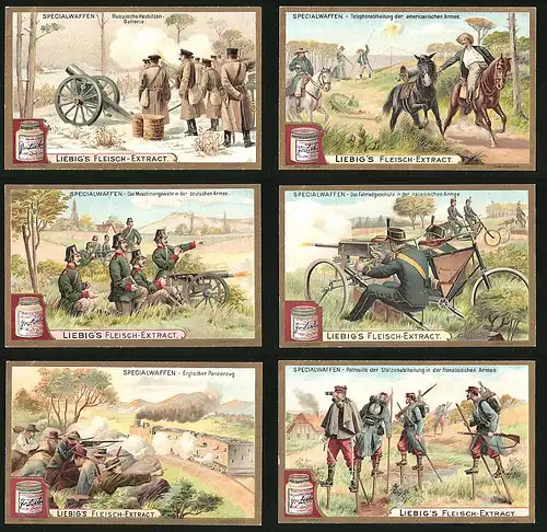 6 Sammelbilder Liebig, Serie Nr. 691: Specialwaffen, Russische Haubitzen-Batterie, Stelzenabteilung, Panzerzug