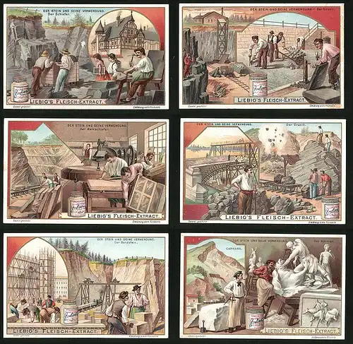 6 Sammelbilder Liebig, Serie Nr. 745: Der Stein und seine Verwendung, Schiefer, Marmor, Sandstein, Basalt
