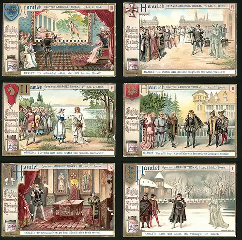 6 Sammelbilder Liebig, Serie Nr. 638: Hamlet, Oper von Ambroise Thomas, Mittelalter, Ritter, König
