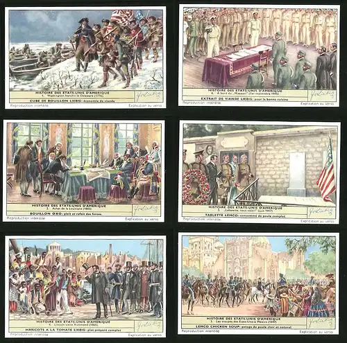 6 Sammelbilder Liebig, Serie Nr. 1659: Histoire des Etats-Unis d`Amerique, Delaware, Lafayette, Lincoln, Präsident