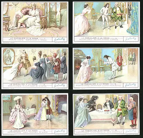 6 Sammelbilder Liebig, Serie Nr. 1323: Le Chevalier à la Rose, Barok, Adel