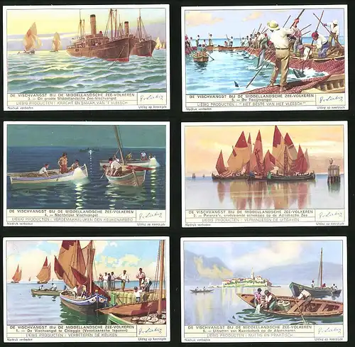 6 Sammelbilder Liebig, Serie Nr. 1404: De Vischvangst bij de Middellandsche Zee, Fischerei, Boote, Dampfschiff