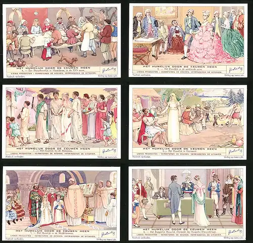 6 Sammelbilder Liebig, Serie Nr. 1384: Het Huwelijk door de Eeuwen Heen, Germanen, Mittelalter, Antike, Hochzeit
